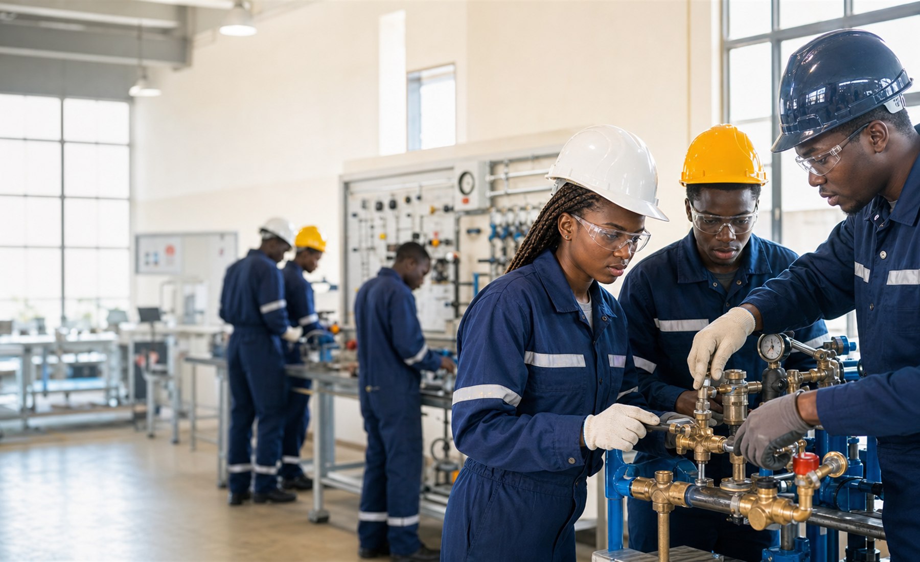 Young trainees working with technical equipment in an academy workshop