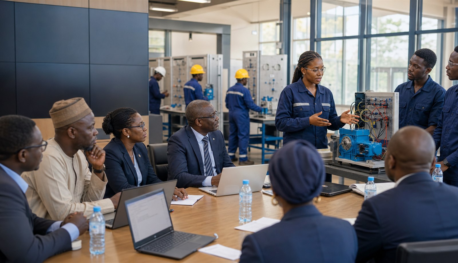 Industry, government and academy partners reviewing a technical demonstration