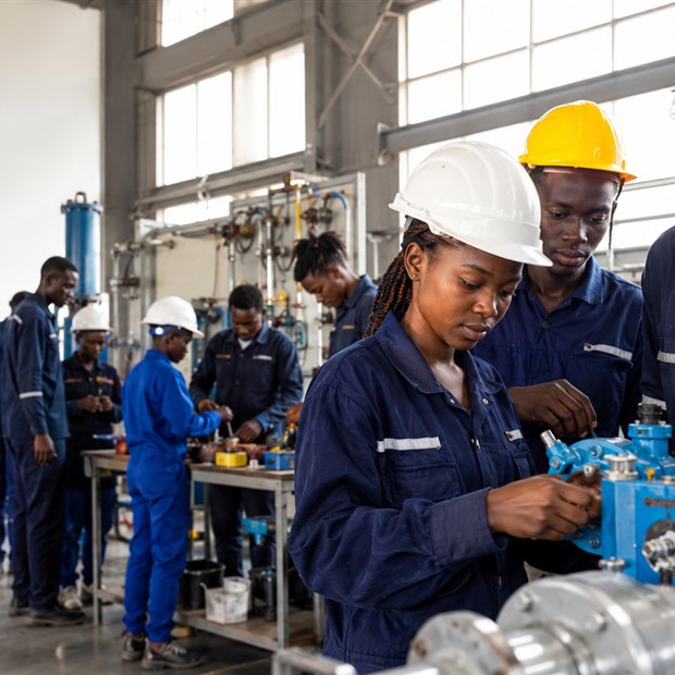 Trainees working together in a technical workshop
