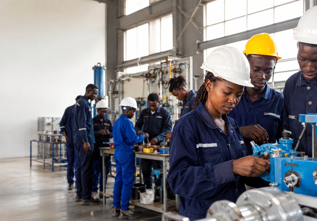 Trainees practising in a technical workshop